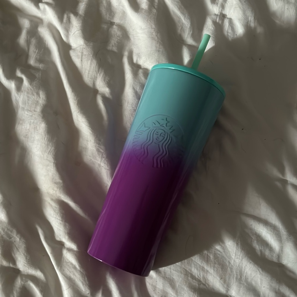 Purple and seafoam blue metal Starbucks cup with straw.